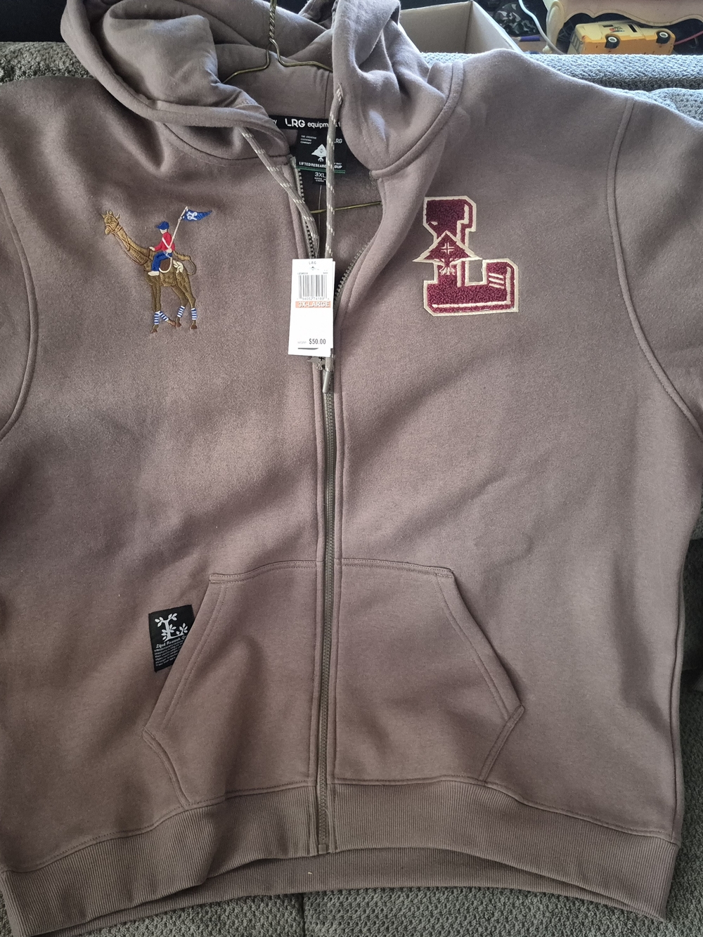 LRG Brown Embroidered Logo Full Zip Hoodie Men's 3XL Big & Tall Pockets